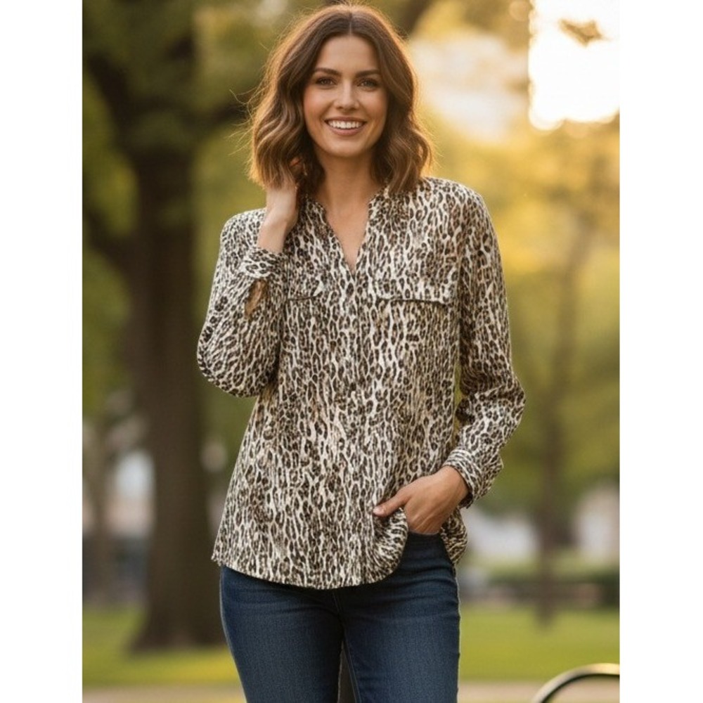 Notations Petite Leopard Print Button Down Long S… - image 1